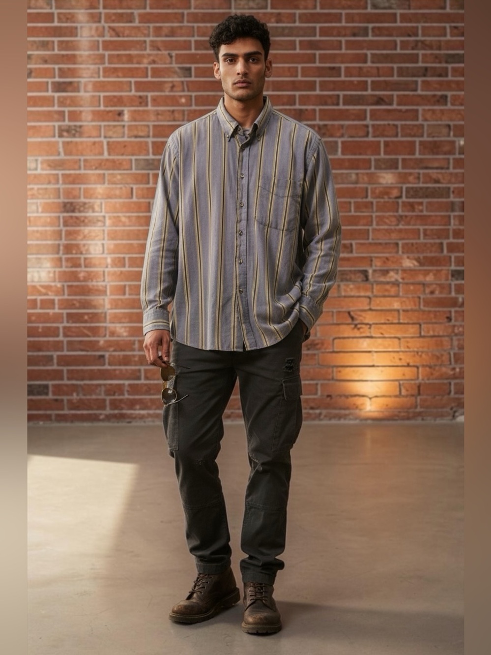 Casual Men's Long-Sleeve Button-Down Shirt in Gray & Yellow Stripe